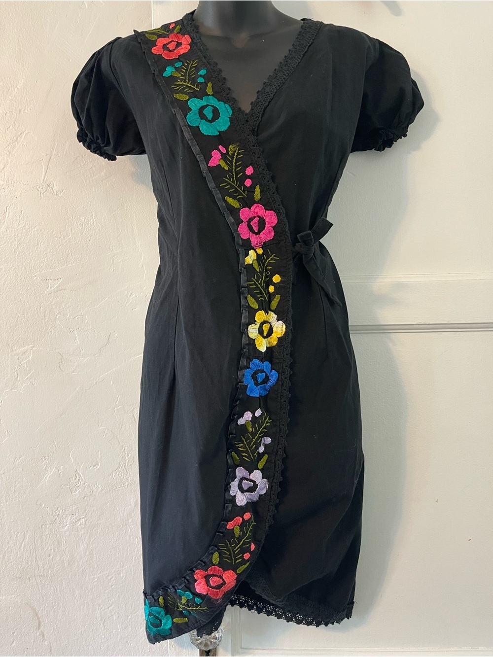 Embroidered Black Wrap Dress with Multicolor Floral Trim